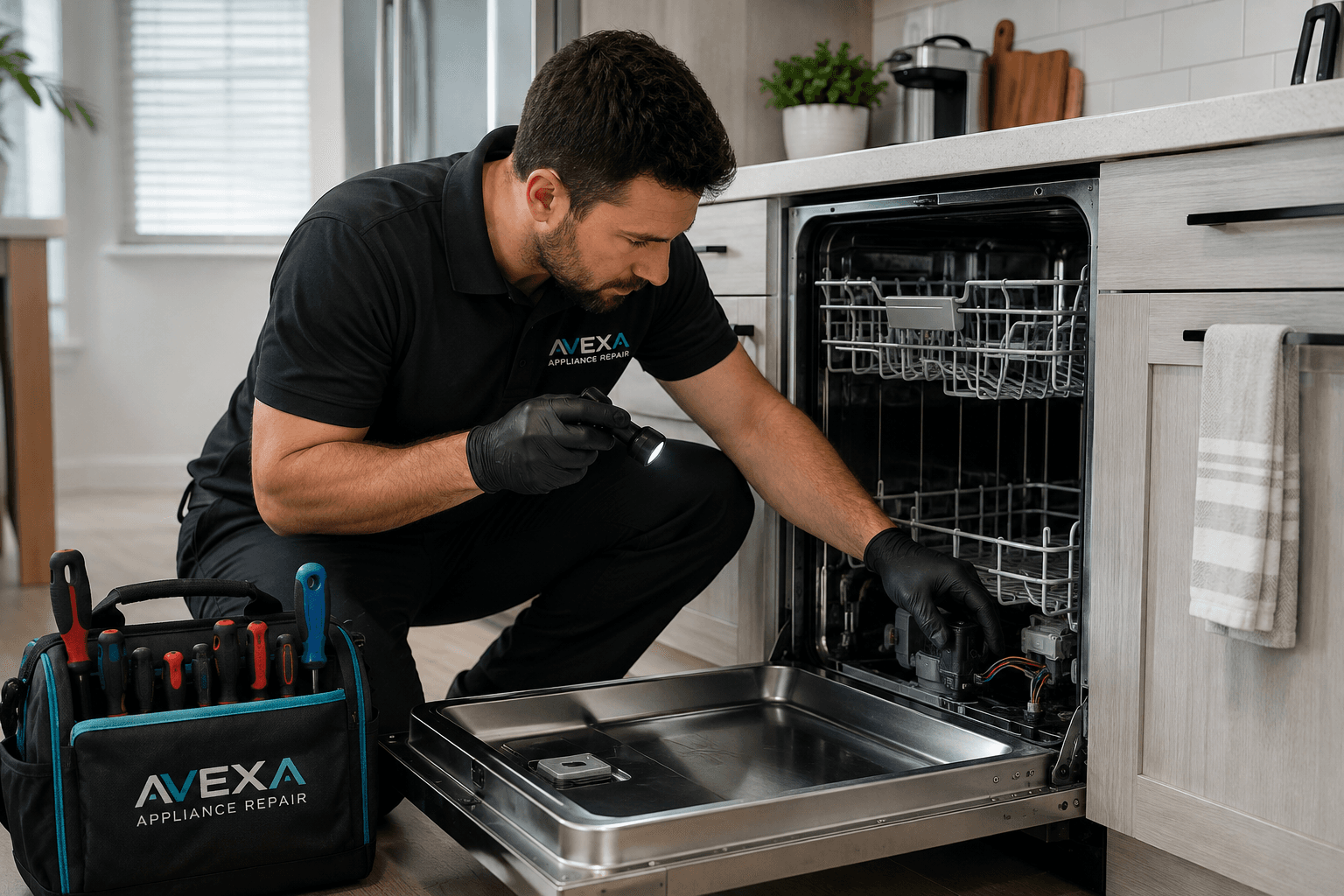 AVEXA technician diagnosing a dishwasher