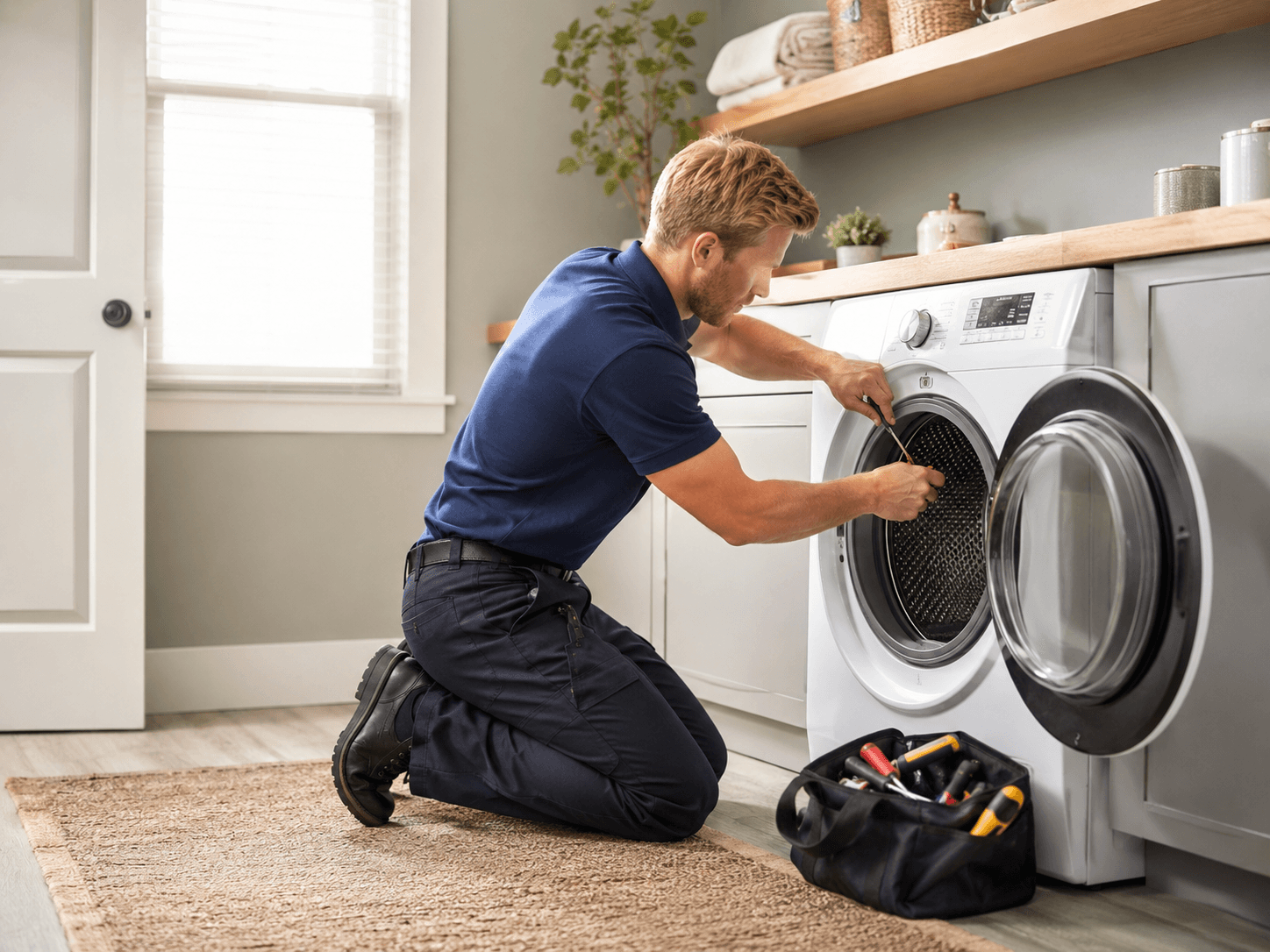 Technician repairing a front-load dryer