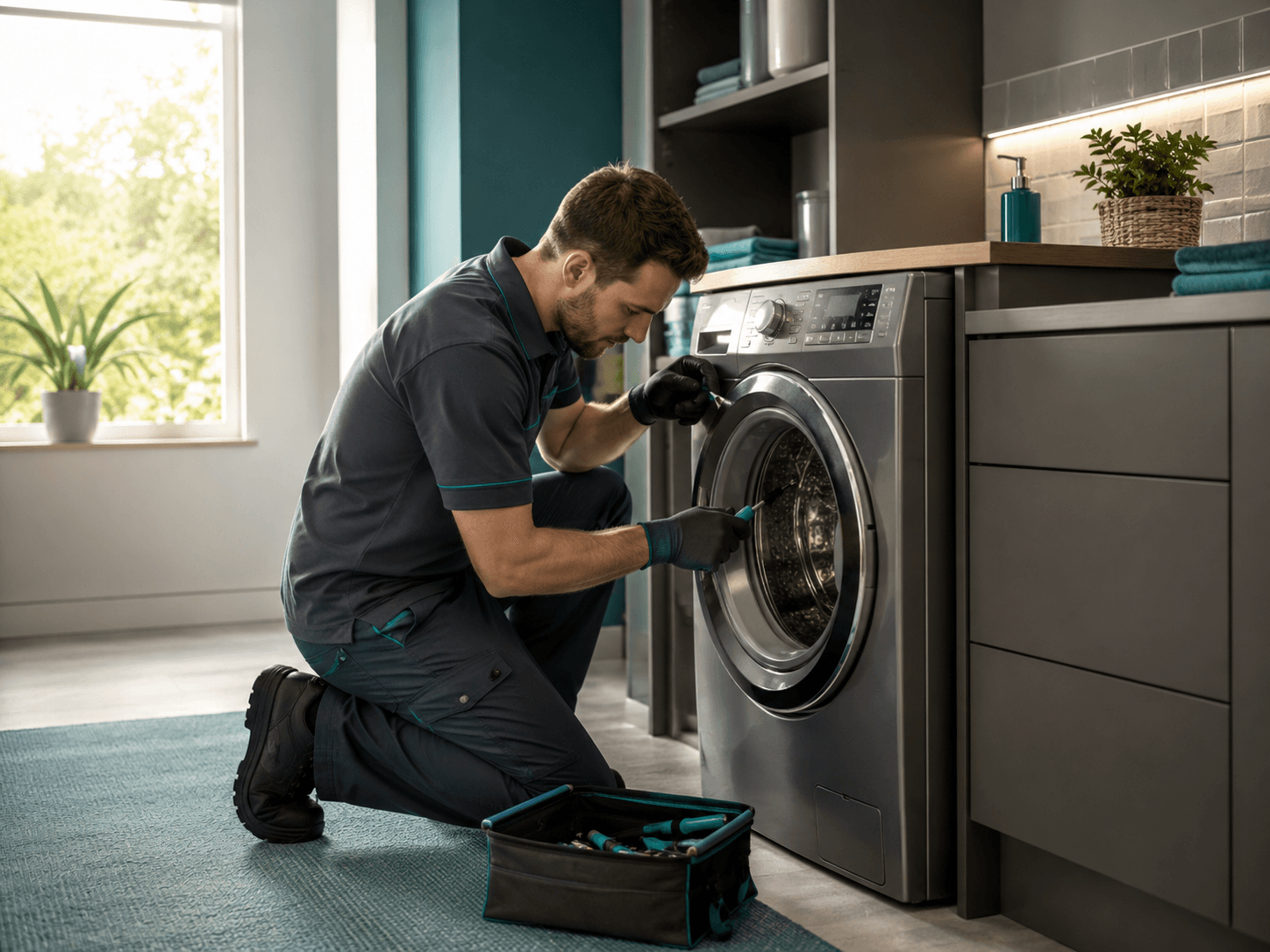 Technician repairing a front-load washing machine